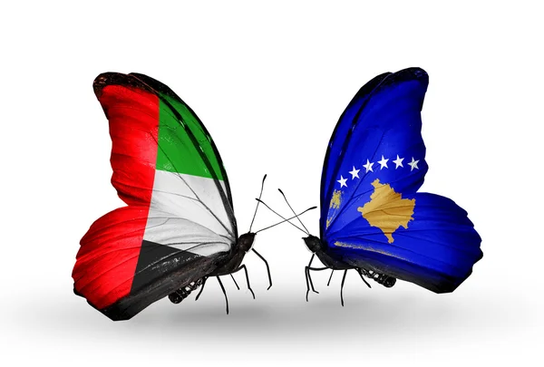 Two butterflies with flags on wings as symbol of relations UAE and Kosovo — Stock Photo, Image