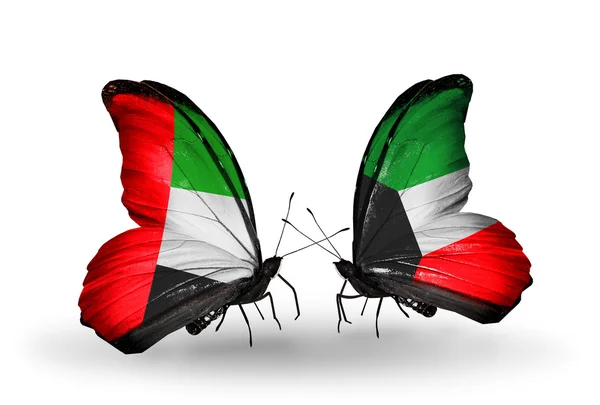 Two butterflies with flags on wings as symbol of relations UAE and Kuwait — Stock Photo, Image