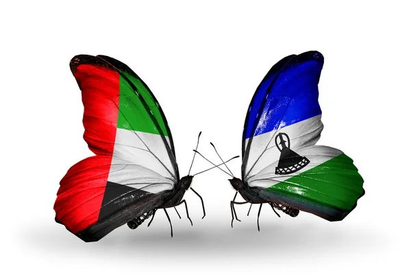 Dwa motyle z flagami na skrzydłach jako symbol Zjednoczonych Emiratów Arabskich stosunków i laos — Zdjęcie stockowe