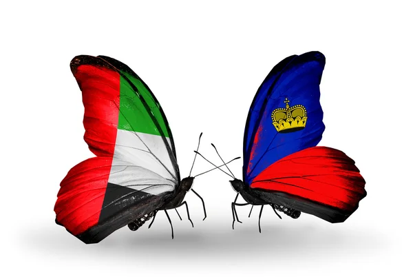 Dva motýli s příznaky na křídlech jako symbol vztahy SAE a Lichtenštejnska — Stock fotografie