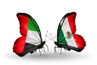 twee vlinders met vlaggen op vleugels als symbool van betrekkingen uae en mexico