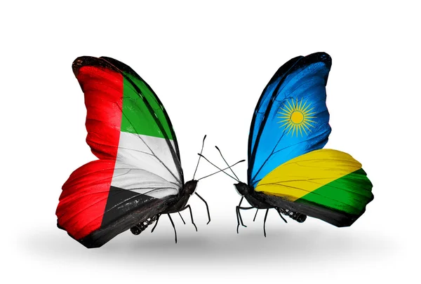 Две бабочки с флагами на крыльях как символ отношений ОАЭ и Руанды — стоковое фото
