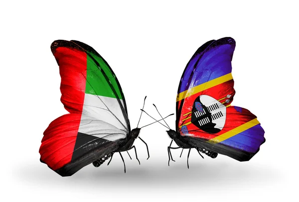 Two butterflies with flags on wings as symbol of relations UAE and Swaziland — Stock Photo, Image