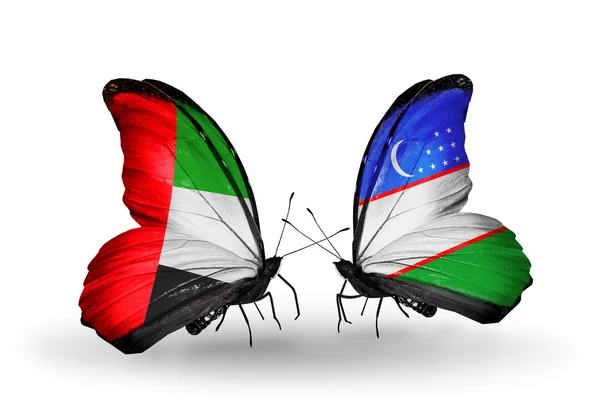 Twee vlinders met vlaggen op vleugels als symbool van betrekkingen uae en Oezbekistan — Stockfoto