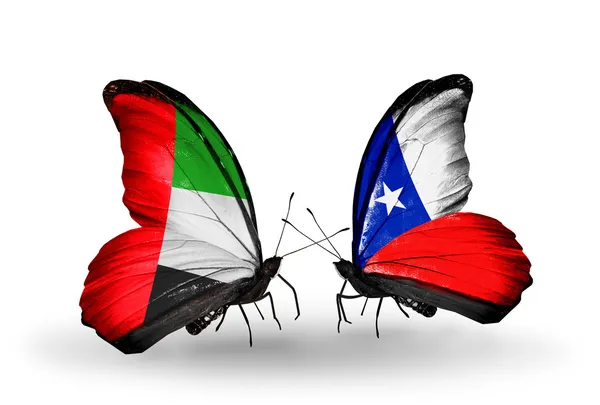 関係アラブ首長国連邦およびチリの記号として翼上のフラグを持つ 2 つの蝶 — ストック写真