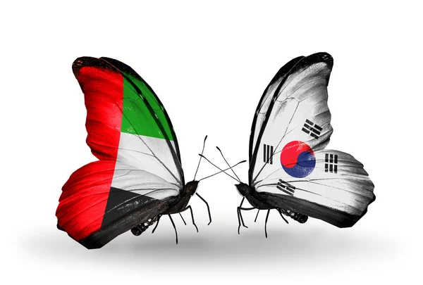 Twee vlinders met vlaggen op vleugels als symbool van betrekkingen Verenigde Arabische Emiraten en Zuid-korea — Stockfoto