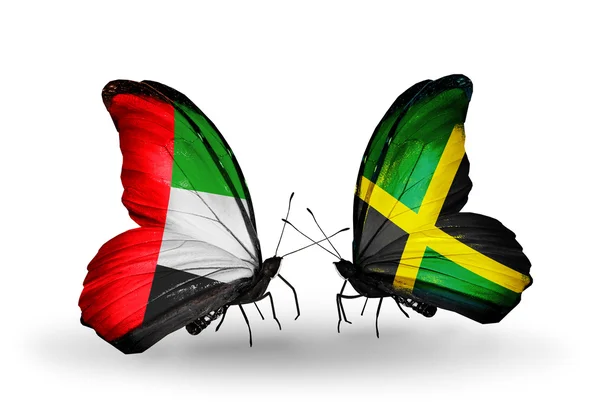 Dva motýli s příznaky na křídlech jako symbol vztahy SAE a Jamajka — Stock fotografie