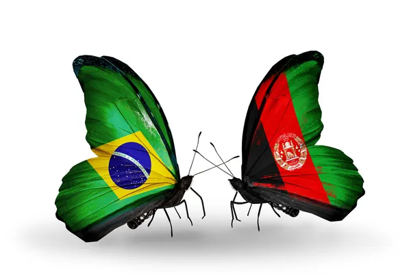 Dva motýli s příznaky na křídlech jako symbol vztahů, Brazílie a Afghánistán — Stock fotografie