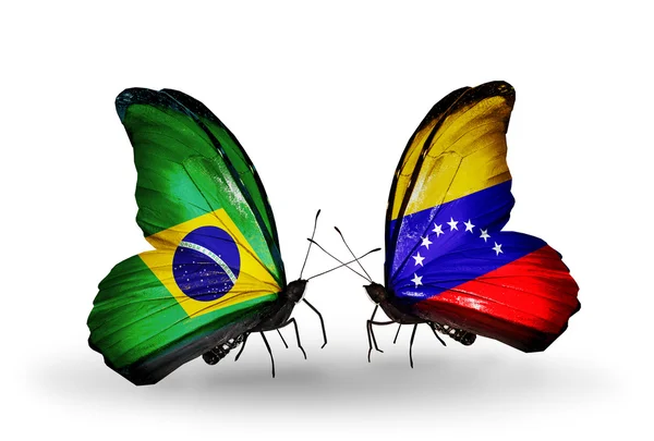 Twee vlinders met vlaggen op vleugels als symbool van de betrekkingen, Brazilië en venezuela — Stockfoto