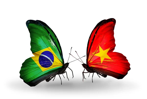 Two butterflies with flags on wings as symbol of relations Brazil and Vietnam — Stock Photo, Image