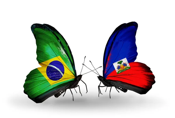 Two butterflies with flags on wings as symbol of relations Brazil and Haiti — Stock Photo, Image