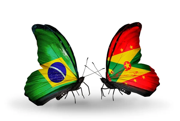 Two butterflies with flags on wings as symbol of relations Brazil and Grenada — Stock Photo, Image