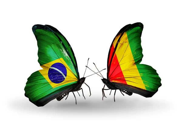 Dos mariposas con banderas en alas como símbolo de relaciones Brasil y Guinea — Foto de Stock