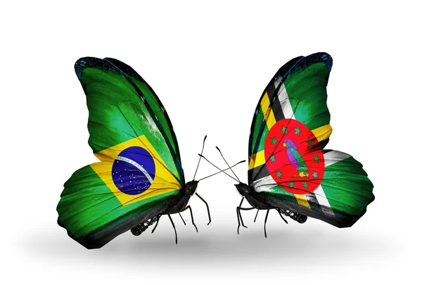 Dva motýli s příznaky na křídlech jako symbol vztahů, Brazílie a Dominika — Stock fotografie
