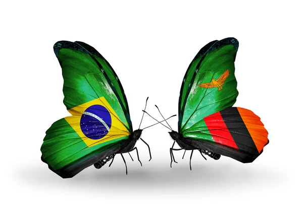 Two butterflies with flags on wings as symbol of relations Brazil and Zambia — Stock Photo, Image