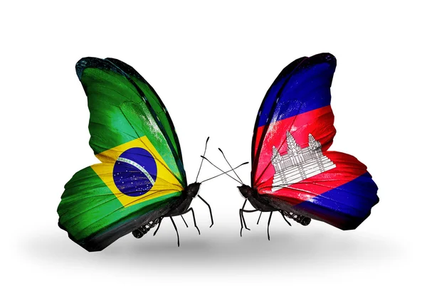 Two butterflies with flags on wings as symbol of relations Brazil and Cambodia — Stock Photo, Image