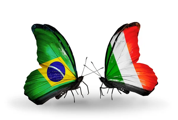Dva motýli s příznaky na křídlech jako symbol vztahů, Brazílie a Irsko — Stock fotografie