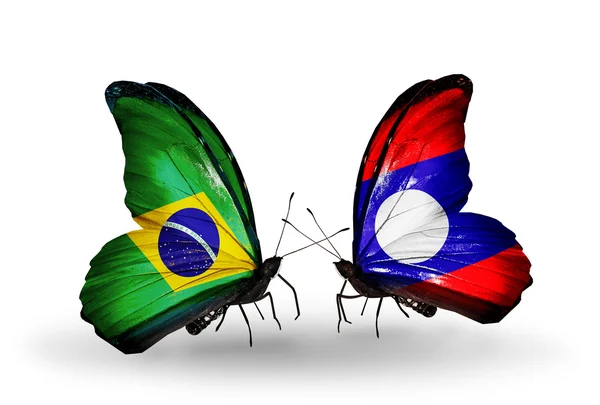 Two butterflies with flags on wings as symbol of relations Brazil and Laos — Stock Photo, Image