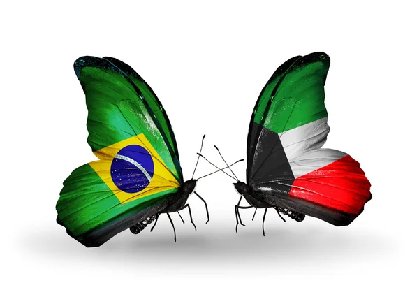 Dos mariposas con banderas en alas como símbolo de relaciones Brasil y Kuwait — Foto de Stock