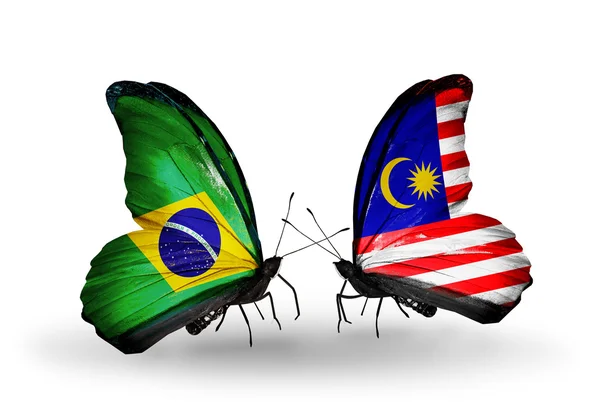 Δύο πεταλούδες με σημαίες με φτερά ως σύμβολο των σχέσεων, Βραζιλία και Μαλαισία — Φωτογραφία Αρχείου