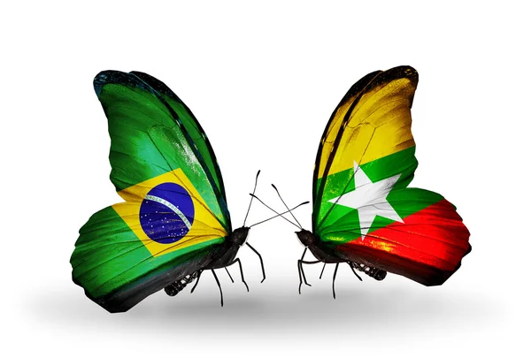 Две бабочки с флагами на крыльях как символ отношений Бразилии и Мьянмы — стоковое фото