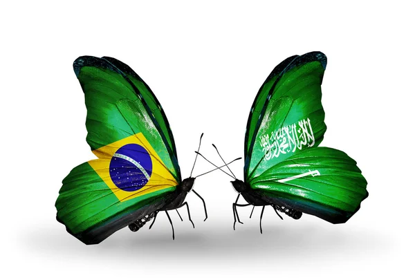 Two butterflies with flags on wings as symbol of relations Brazil and Saudi Arabia — Stock Photo, Image