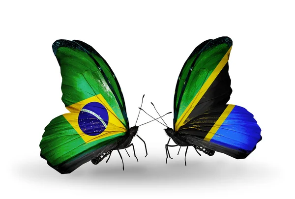 Due farfalle con bandiere sulle ali come simbolo delle relazioni Brasile e Tanzania — Foto Stock