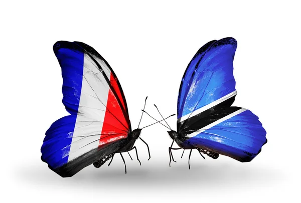 Dos mariposas con banderas en alas como símbolo de relaciones Francia y Botswana —  Fotos de Stock