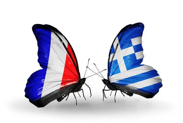 Two butterflies with flags on wings as symbol of relations France and Greece — Stock Photo, Image