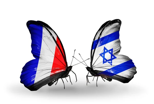 Two butterflies with flags on wings as symbol of relations France and Israel — Stock Photo, Image