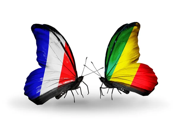 Two butterflies with flags on wings as symbol of relations France and Kongo — Stock Photo, Image