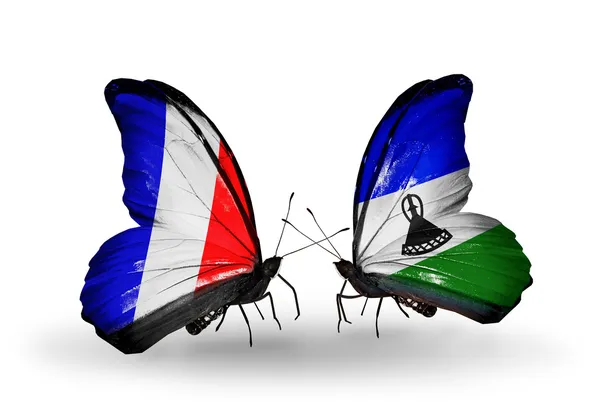 Dos mariposas con banderas en alas como símbolo de relaciones Francia y Lesotho — Foto de Stock