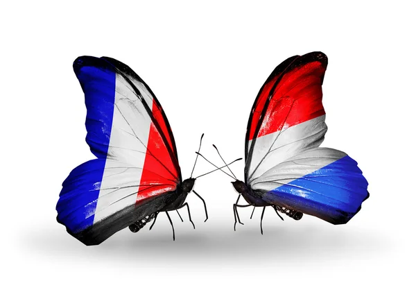 Dva motýli s příznaky na křídlech jako symbol vztahů, Francie a Lucembursko — Stock fotografie