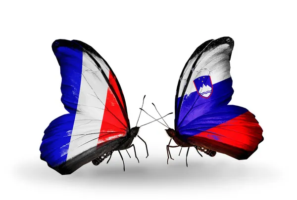 Dos mariposas con banderas en alas como símbolo de relaciones Francia y Eslovenia — Foto de Stock