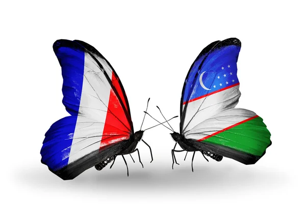 Two butterflies with flags on wings as symbol of relations France and Uzbekistan — Stock Photo, Image