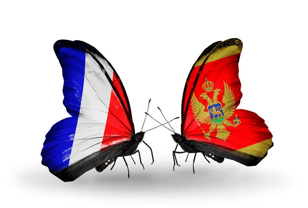 Två fjärilar med flaggor på vingarna som symbol för förbindelserna mellan Frankrike och montenegro — Stockfoto
