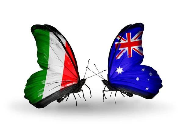 Two butterflies with flags on wings as symbol of relations Italy and Australia — Stock Photo, Image