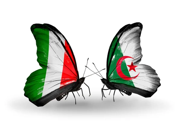 Due farfalle con le bandiere sulle ali come simbolo delle relazioni Italia e Algeria — Foto Stock