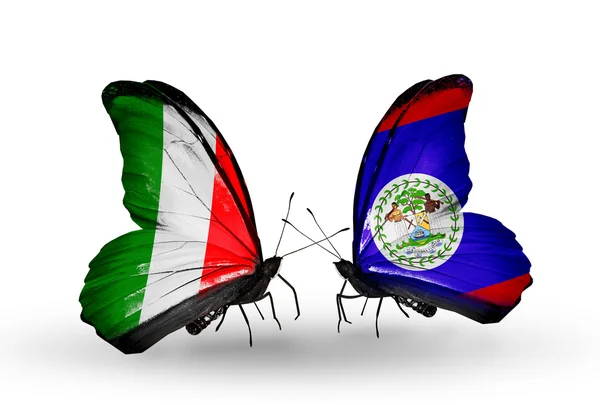 Two butterflies with flags on wings as symbol of relations Italy and Belize — Stock Photo, Image