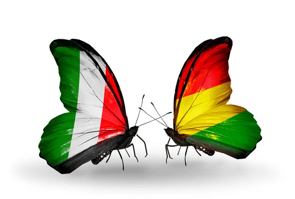 Two butterflies with flags on wings as symbol of relations Italy and Bolivia — Stock Photo, Image