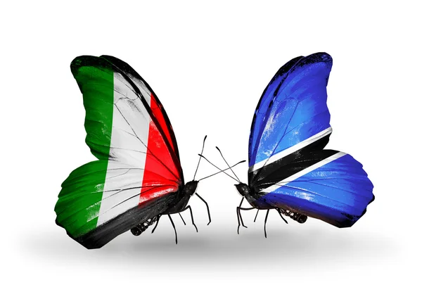 Two butterflies with flags on wings as symbol of relations Italy and Botswana — Stock Photo, Image