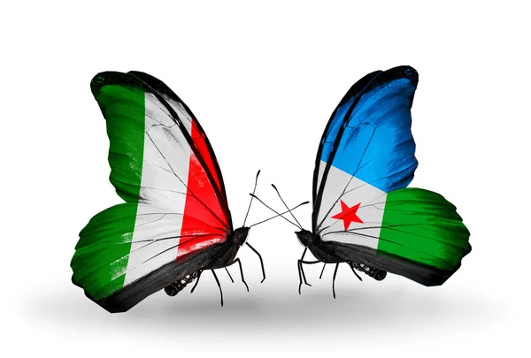 Two butterflies with flags on wings as symbol of relations Italy and Djibouti — Stock Photo, Image