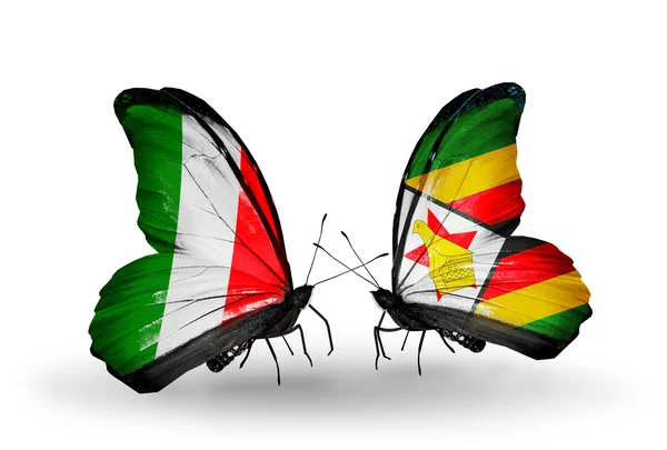 Due farfalle con bandiere sulle ali come simbolo delle relazioni Italia e Zimbabwe — Foto Stock