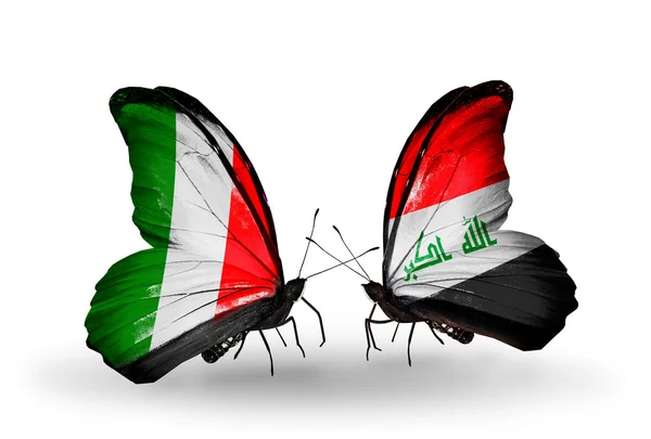 Two butterflies with flags on wings as symbol of relations Italy and Iraq — Stock Photo, Image