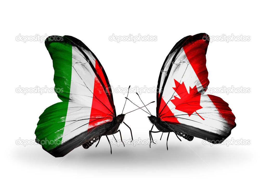 Two butterflies with flags on wings as symbol of relations Italy and