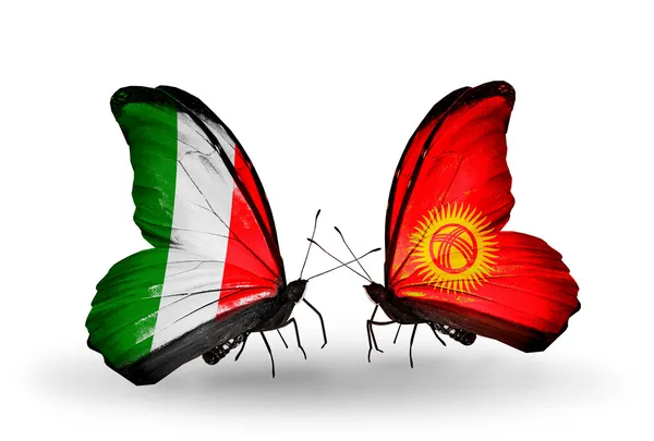 Two butterflies with flags on wings as symbol of relations Italy and Kirghiz — Stock Photo, Image