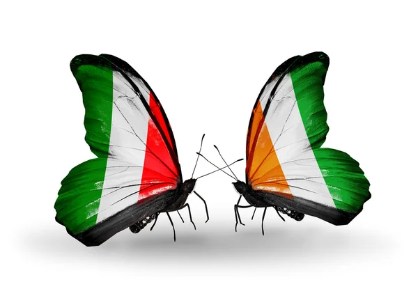 Two butterflies with flags on wings as symbol of relations Italy and Cote Divoire — Stock Photo, Image