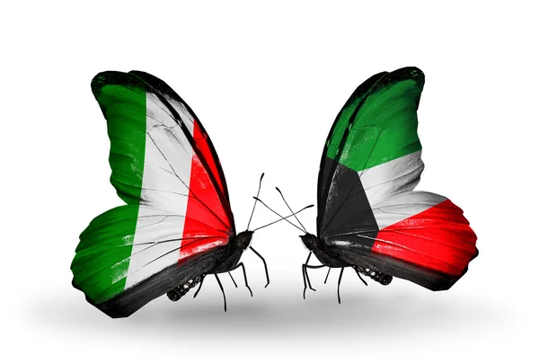 Due farfalle con le bandiere sulle ali come simbolo delle relazioni Italia e Kuwait — Foto Stock