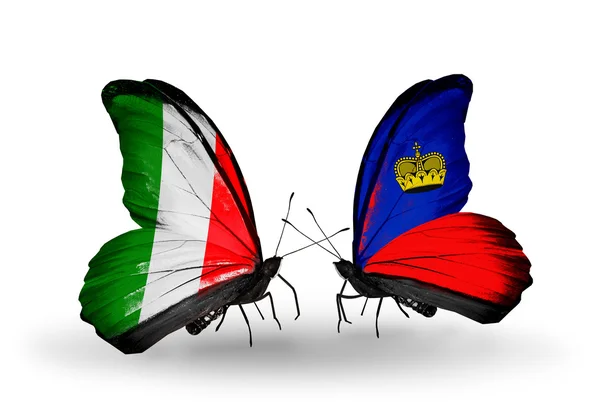 Two butterflies with flags on wings as symbol of relations Italy and Liechtenstein — Stock Photo, Image