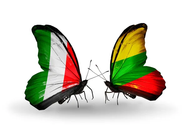 Due farfalle con le bandiere sulle ali come simbolo delle relazioni Italia e Lituania — Foto Stock